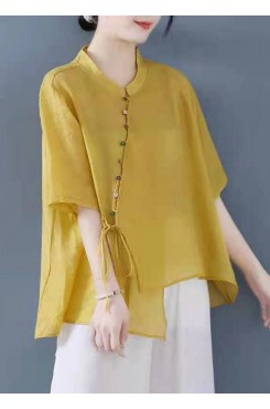 Vintage Yellow Solid Stand Collar Asymmetrical Design Shirt Top Half Sleeve