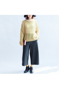 yellow green fashion cotton sweater oversize side open cable knit hollow out sweaters