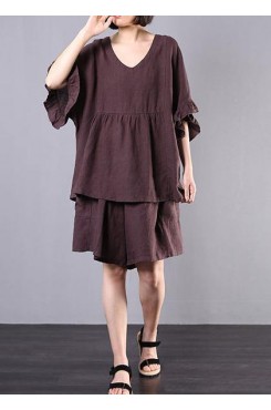 chocolate cotton linen v neck ruffles tops and women casual shorts two pieces