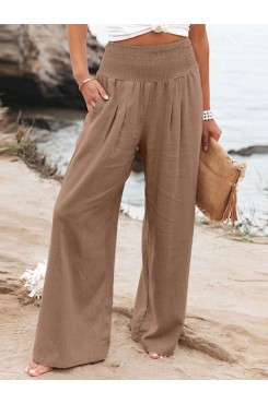 Leisure Solid Shirring Pocket Wide Leg Cotton Pants