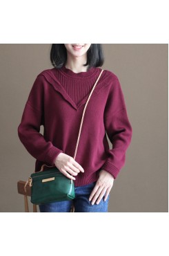 winter casual burgundy lace collar cotton sweater loose warm knit tops