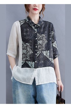 Vintage Black Peter Pan Collar Button Patchwork Print Fall Shirt Half Sleeve