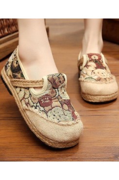 Green Little bear Cotton Linen Flat Shoes