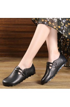 Black Cowhide Leather Flat Shoes Buckle Strap Flats