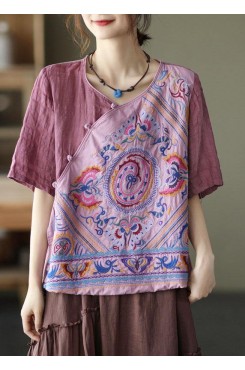 Style Pink Print Side Open tie Summer Linen Blouses Half Sleeve