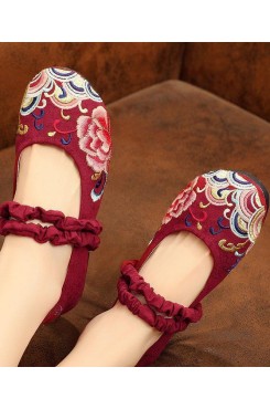 Red Embroideried Cotton Linen Fabric Flat Shoes Lace Up Flat Shoes