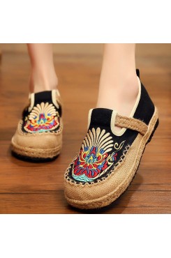 Women  Flats Black Embroideried Cotton Fabric Flats Shoes