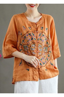 Plus Size Orange Embroideried Oriental Ramie Top Summer