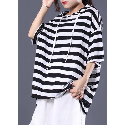 Italian hooded cotton top silhouette Outfits black white striped shirt summer