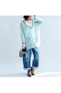 new light blue warm woolen sweater oversized casual v neck knit tops