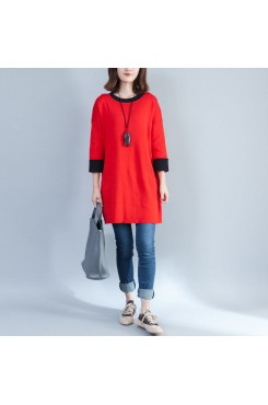 autumn new red casual cotton knit tops plus size o neck pullover