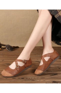 Splicing Brown Flat Feet Shoes Buckle Strap Flats