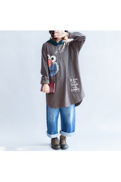 stylish big bird prints gray casual knit cotton tops plus size grid hooded t shirt