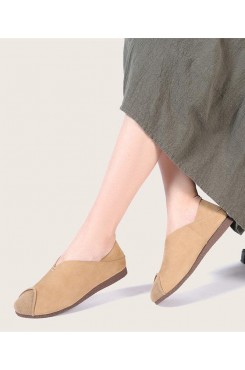 Khaki Cowhide Leather Flats Splicing Flat Feet Shoes