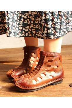 Casual Hollow Out Boots Brown Cowhide Leather